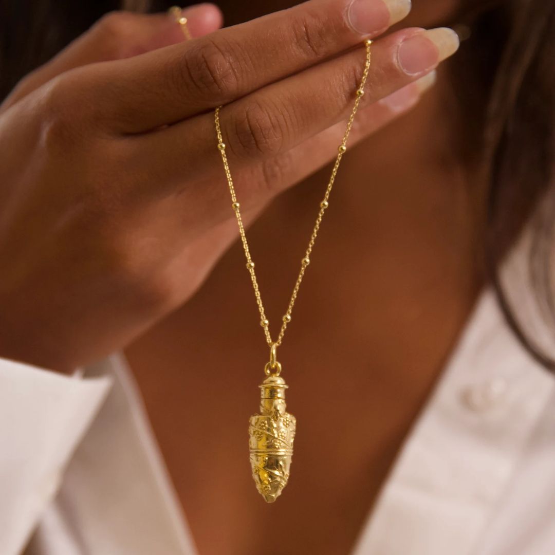 Functional gold perfume bottle necklace, 18K plated aromatherapy pendant by cloverandswift