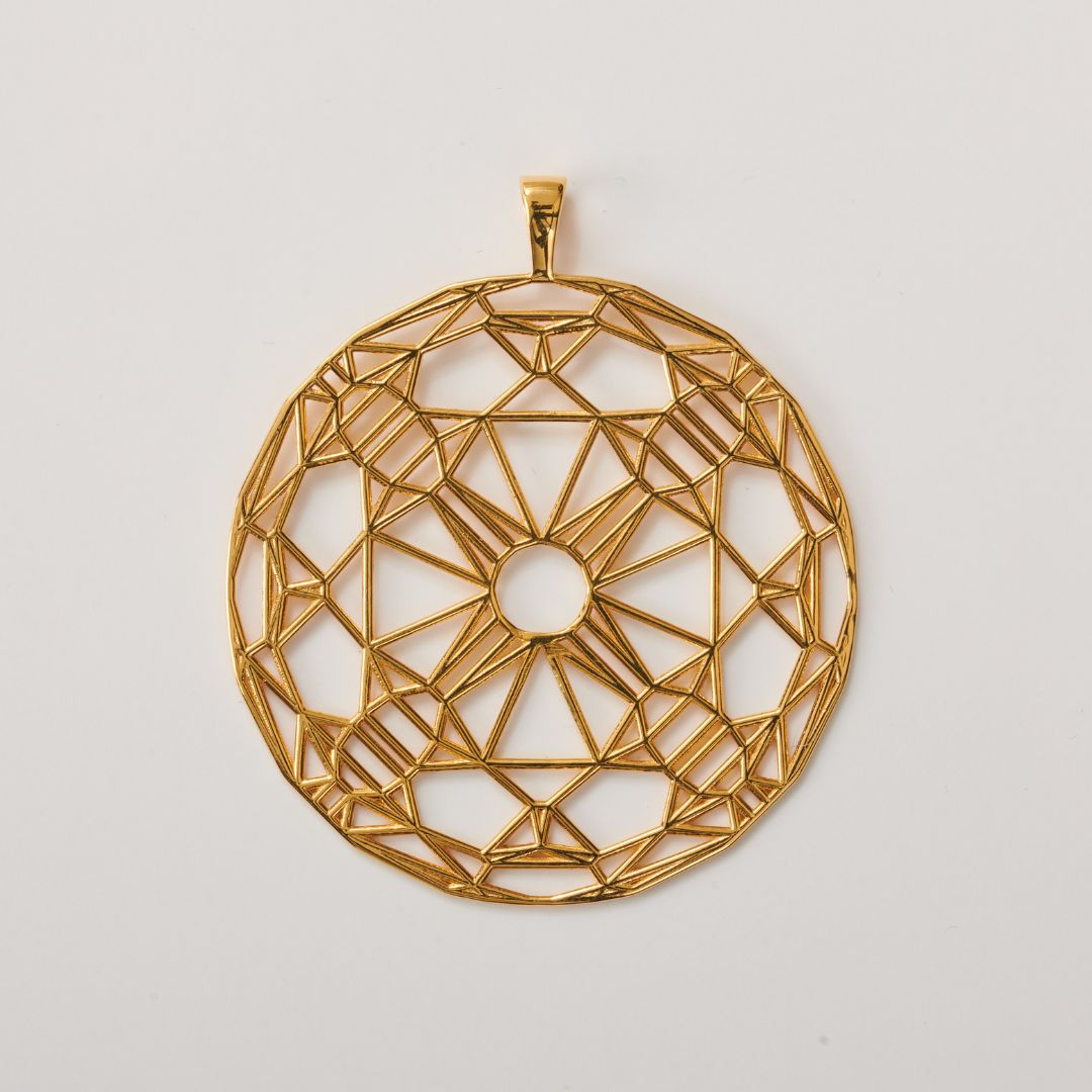 18K Gold plated brass geometric pendant cast via lost-wax casting (0.5 µm plating)