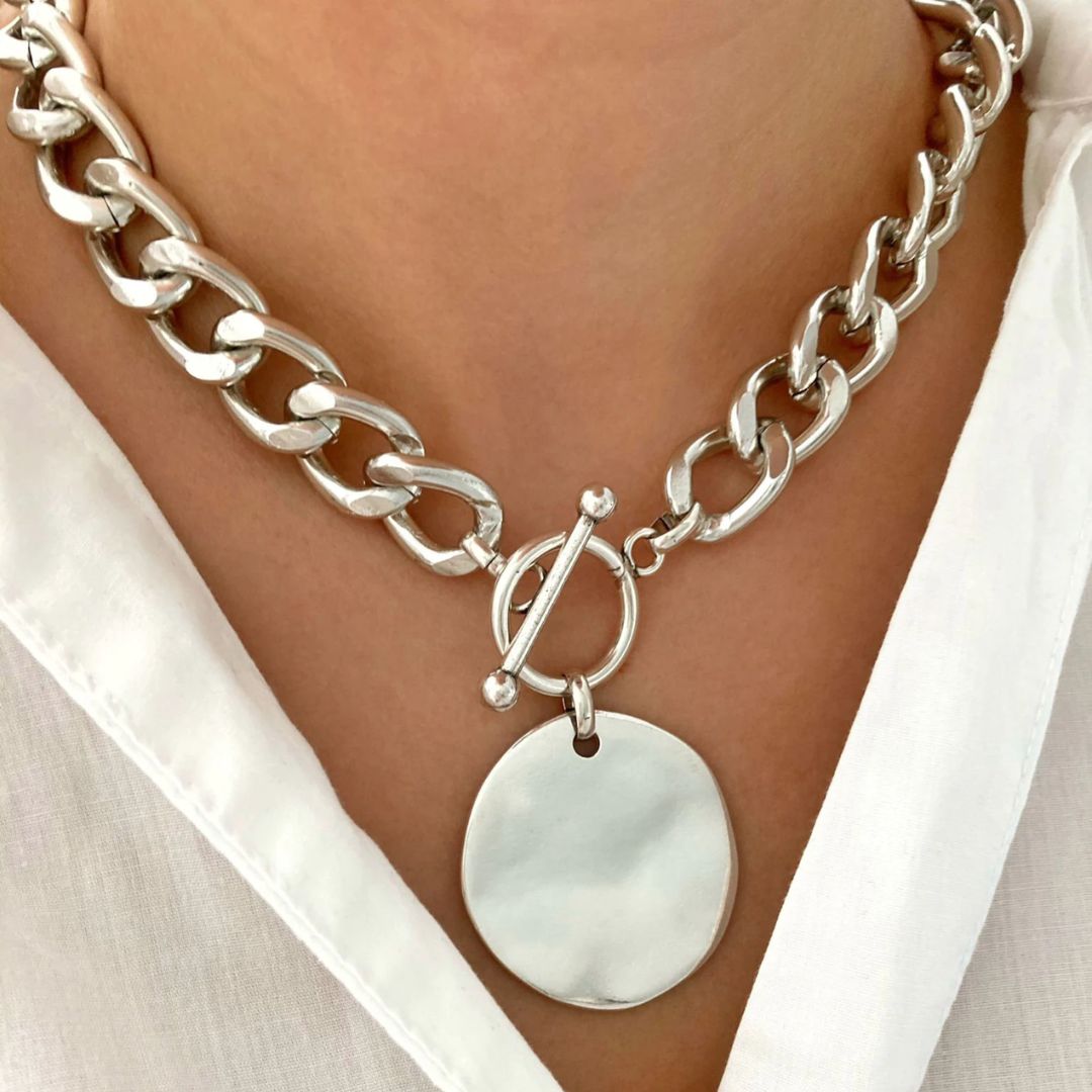 Chunky sterling silver choker with round pendant by Silvershopjewellery