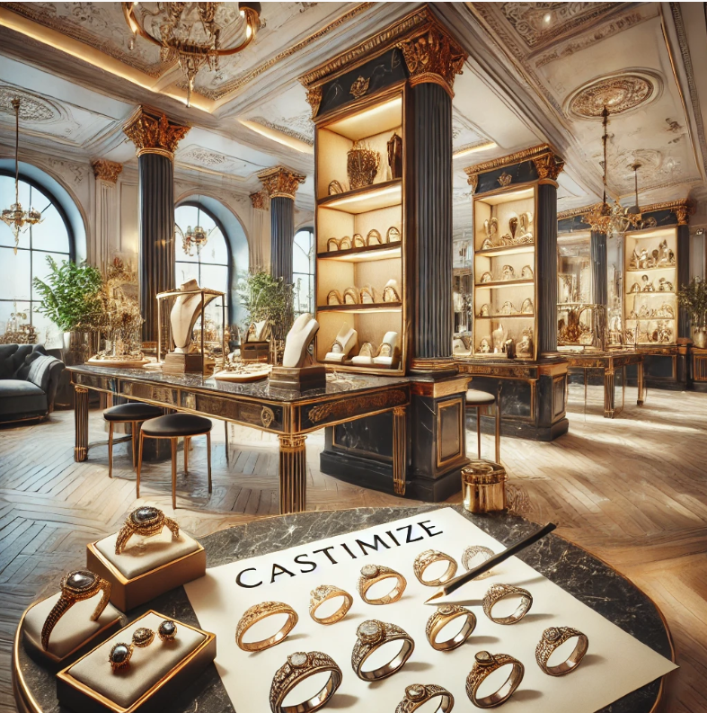 Luxury jewelry showroom with Castimize design sheet showcasing organized ring designs