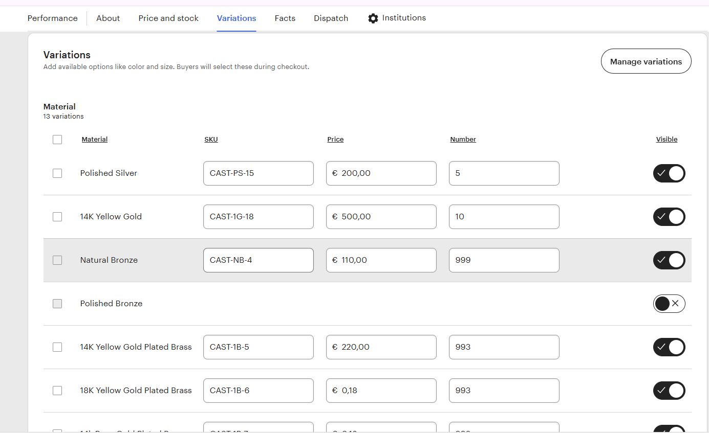 Etsy listing variations page showing multiple material options synced from Castimize