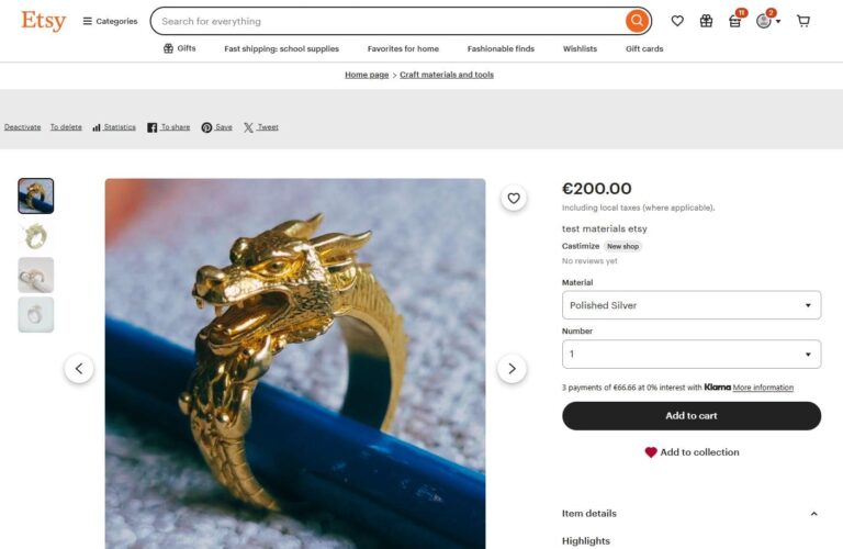 Live Etsy product page showing a Castimize jewelry design with selectable material options