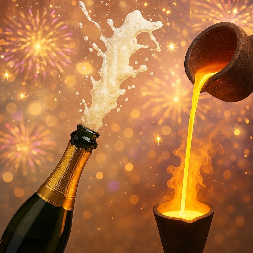 Celebratory image with champagne bottle and molten metal pour celebrating 1,000 Castimize lost wax casting orders