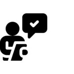 Icon of a person with a checkmark in a speech bubble, symbolizing quality control and assurance.