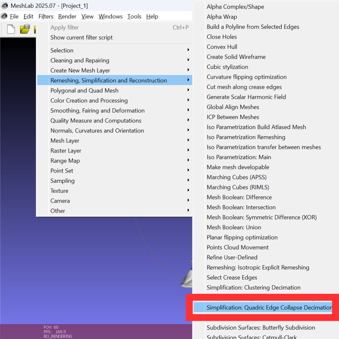 MeshLab simplification menu showing Quadratic Edge Collapse Decimation