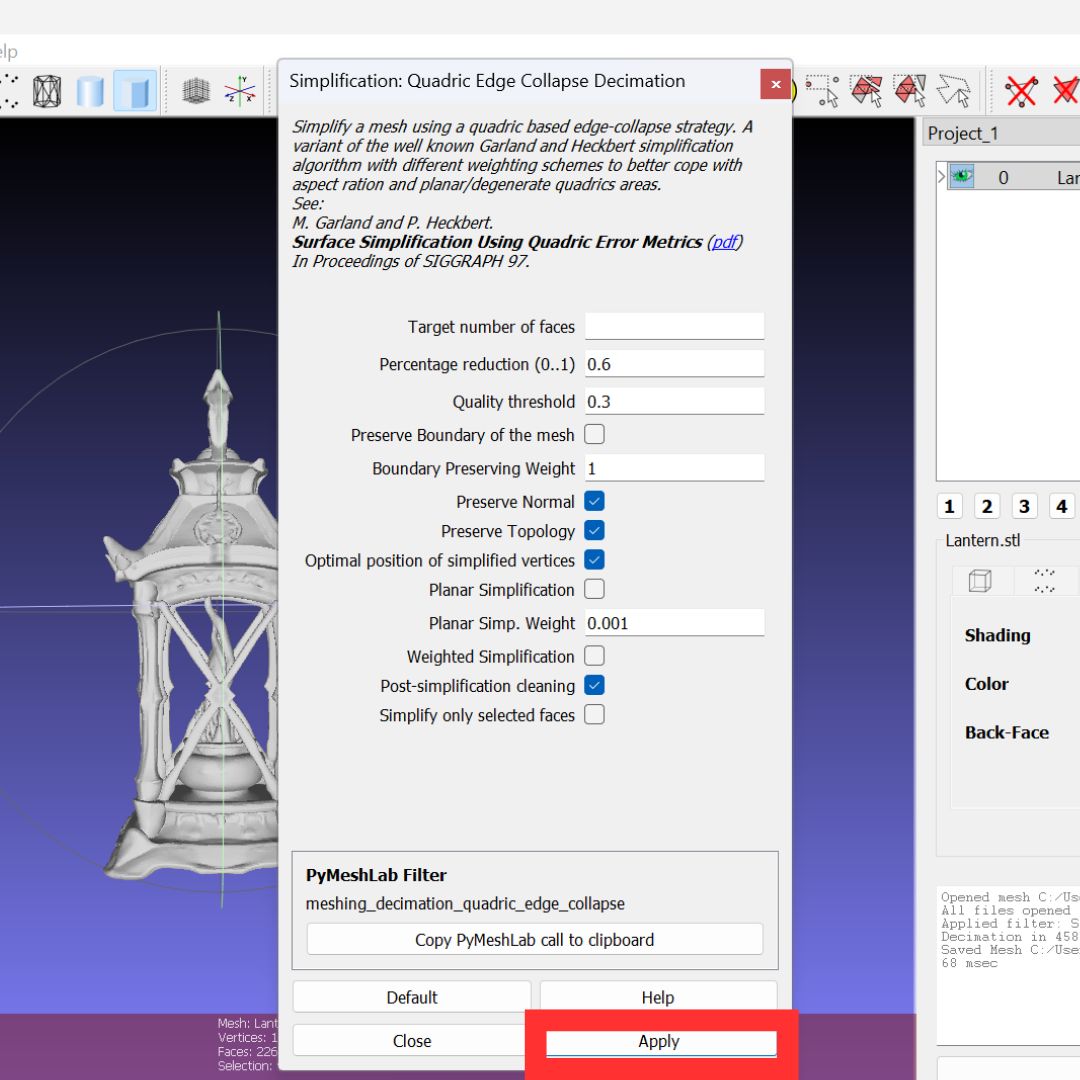 MeshLab decimation settings with percentage reduction and preserve topology enabled