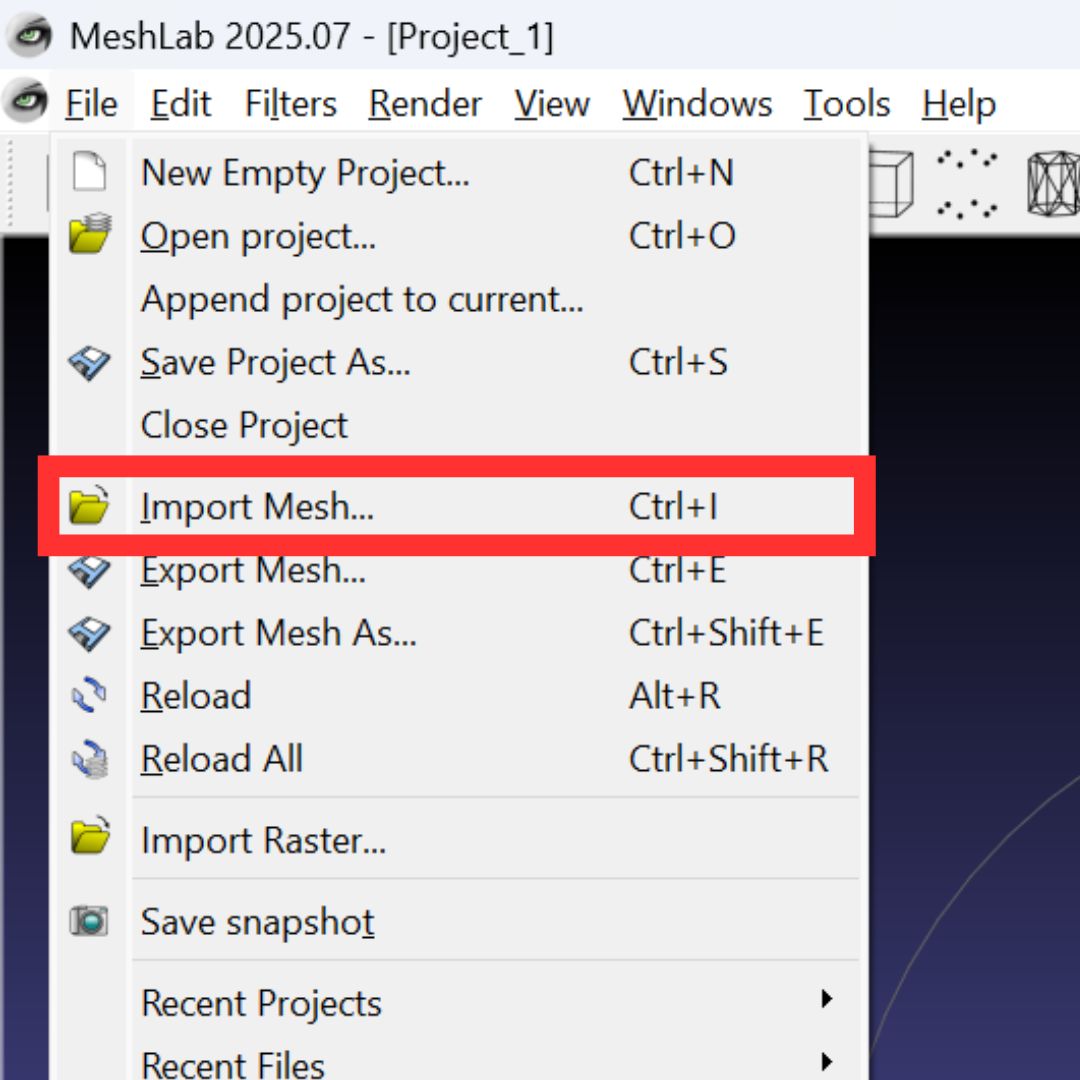 Import STL file in MeshLab using File → Import Mesh