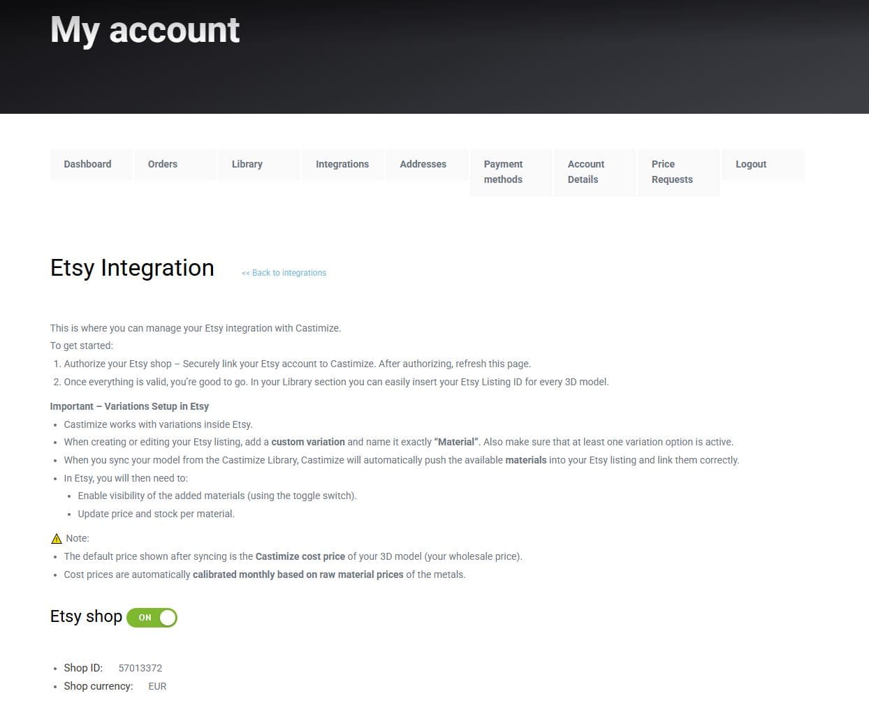 Castimize account dashboard showing Etsy integration setup to securely connect your Etsy shop