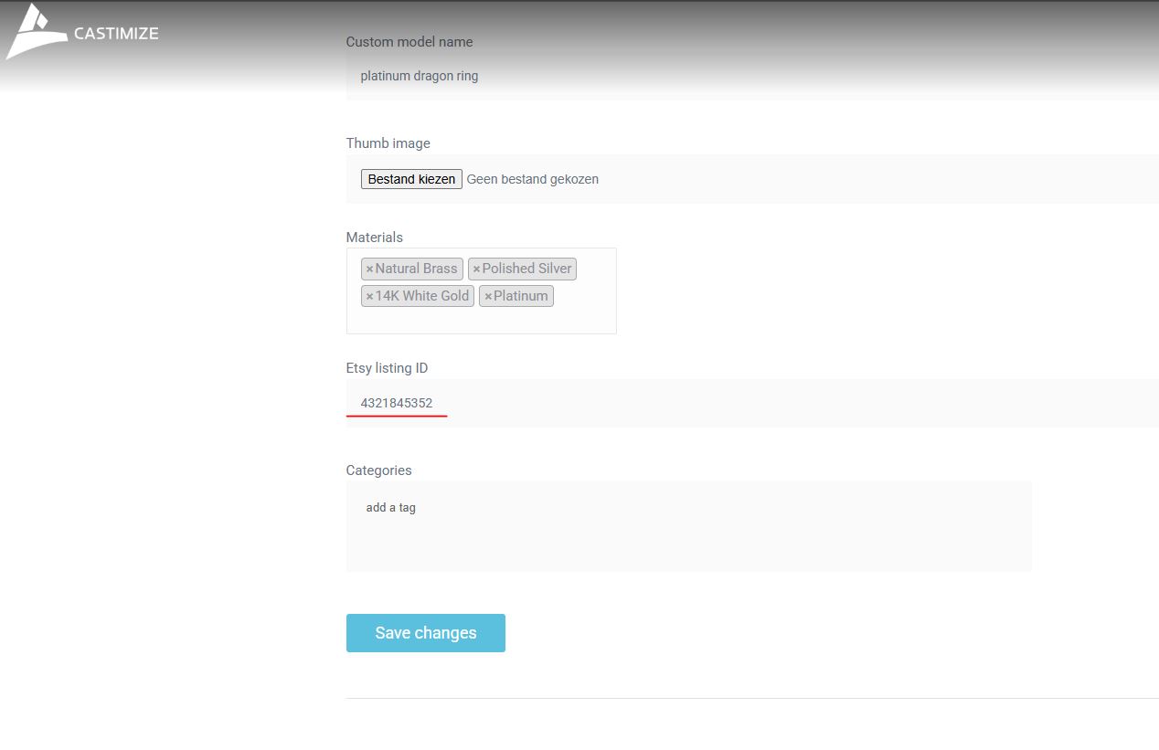 Model page within the Castimize library, where an Etsy Listing ID is assigned to a custom 3D model”