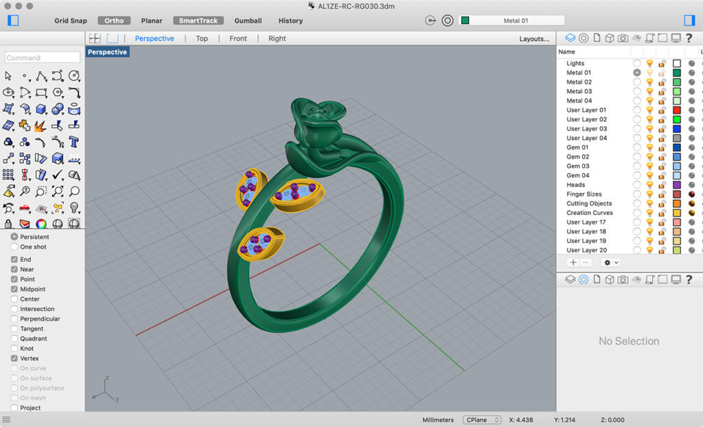 Ring design in Rhino 3D showing gemstone settings and detailed modeling layers